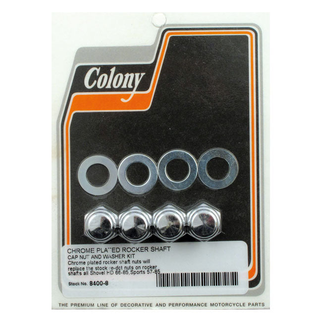 Colony, rocker shaft end nut set. Cap style, chrome