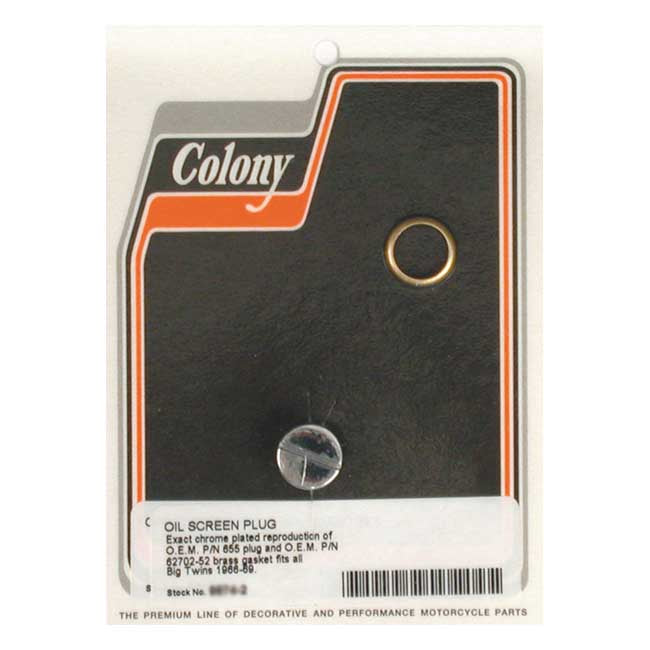 Colony, OEM style slotted plug oil screen crankcase. Chrome