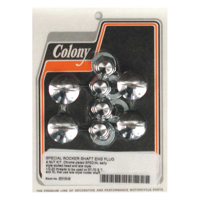 Colony, rocker shaft plug & nut kit. Slotted. Chrome