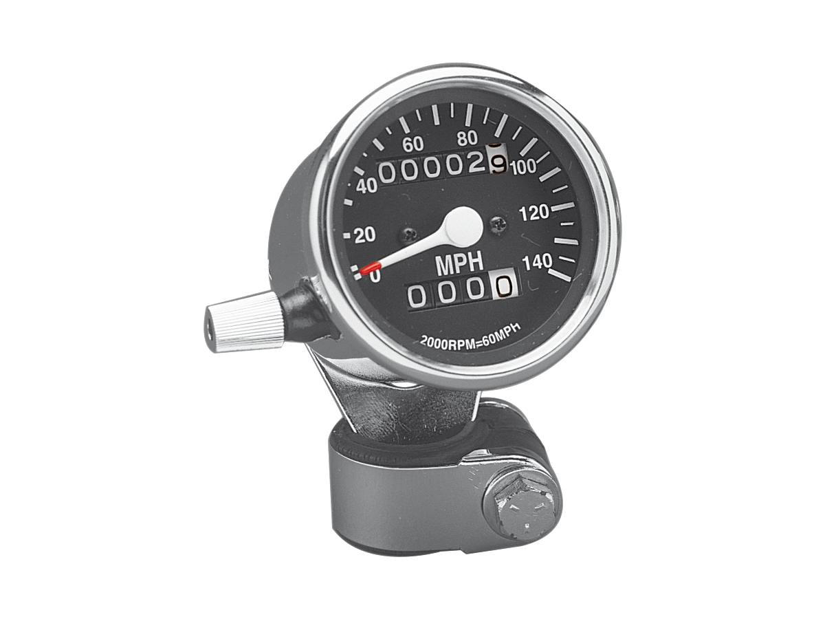 Mini Speedometers with Resettable Odometers Scale: 140 mph; Scale Color: black; Ratio 2:1 Chrome