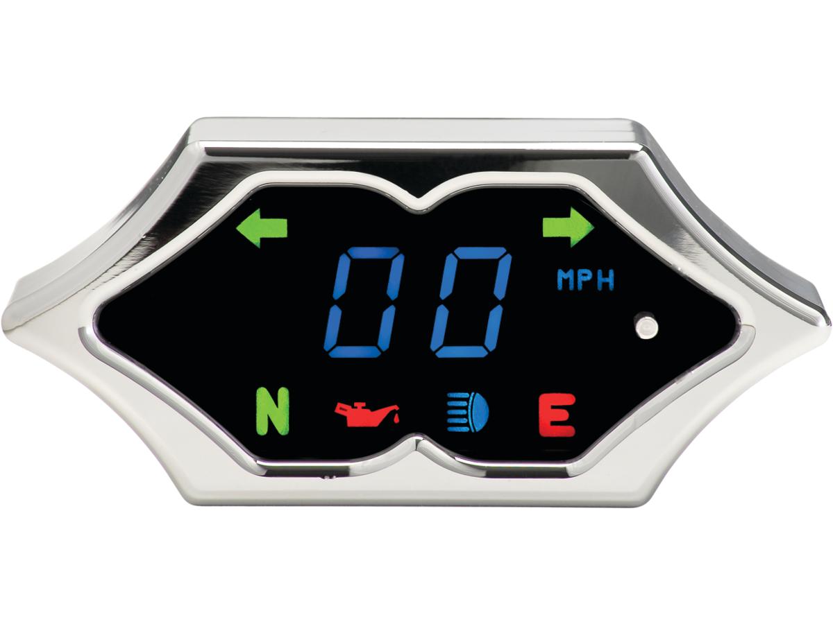 Spike Bar Mount Speedometer Scale: 255 mph; 255 km/h; Scale Color: black; Dimension: 4 1/4" x 2" Chrome