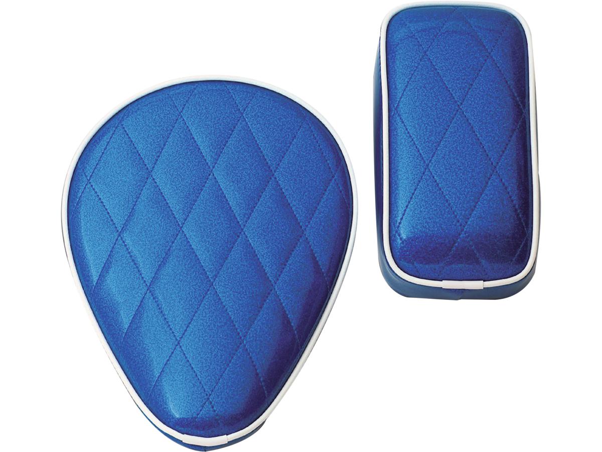 Kleine Spring Diamond Solo Seat, witte biezen, blauw metalflake wit vinyl