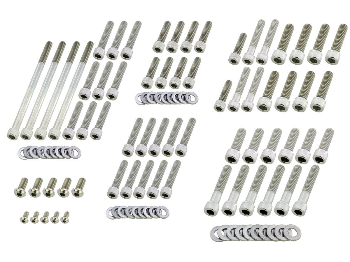 Complete motorschroevenset schroeven voor Softail Primary-, Gear-, Inspection-, Derby-, Timer-, Tranny Side Cover, Inner Primary, Rockerboxes, Lifterbase RVS