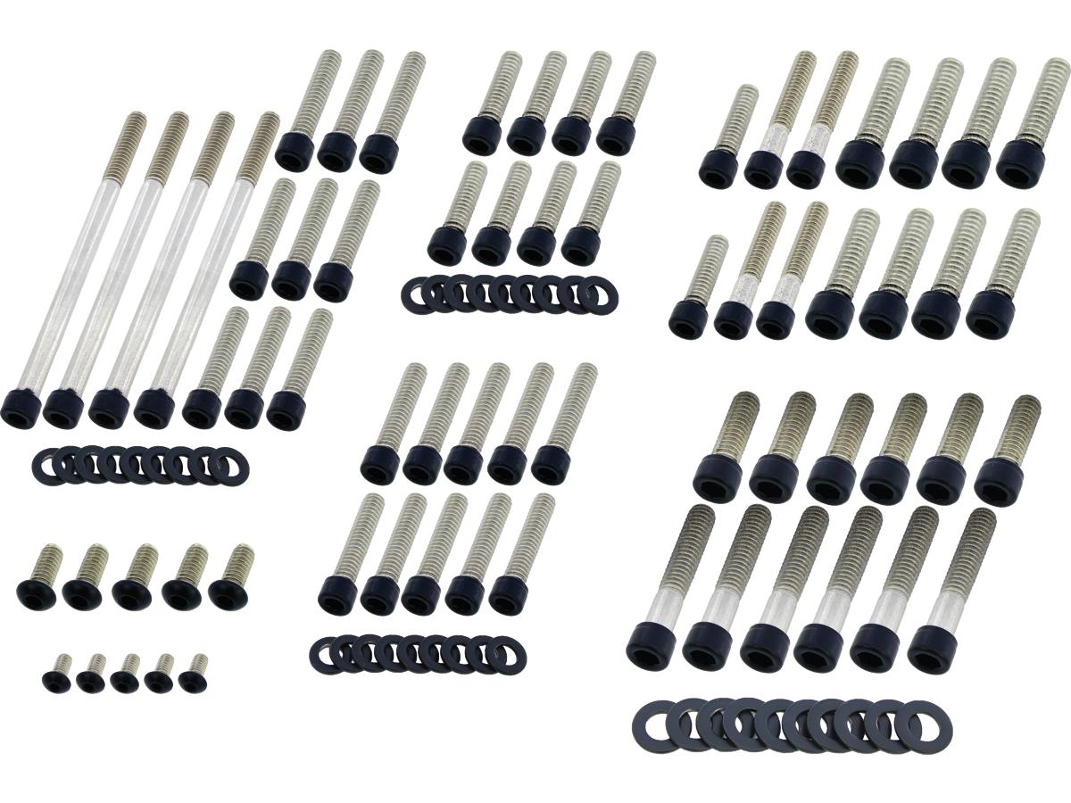 Complete Engine Screw Kit Screws for V Rod Clutch-, Alternator-, Sprocket-, Oil Pump-, Water Pump-, Derby-, Cam Cover, Thermostat Assy, Oil Filter Mount, Oil Pickup Assy, Speed- and Crankshaft Sensor, Oil Pan, Starter Satin Black Powder Coated