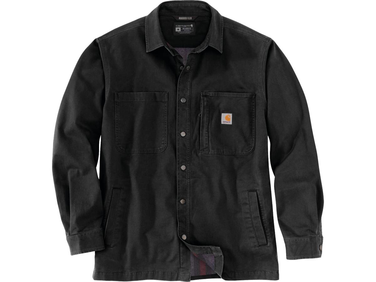 Rugged Flex Relaxed Fit Canvas Fleece-Lined Snap-Front Shirt Jacket S Black