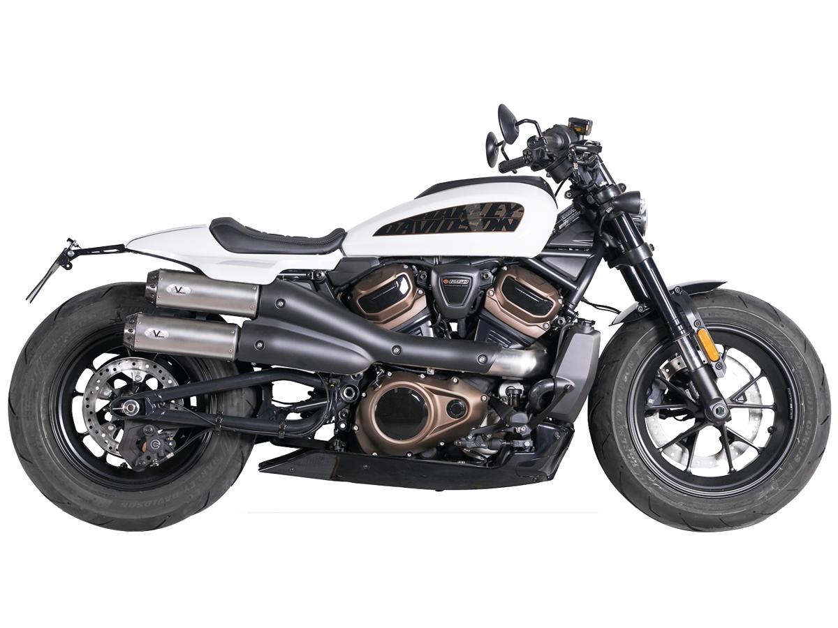 Sportster S 2in2 Racing Muffler and Mid-Pipe Set Endcap Tracker Carbon Stainless Steel Satin