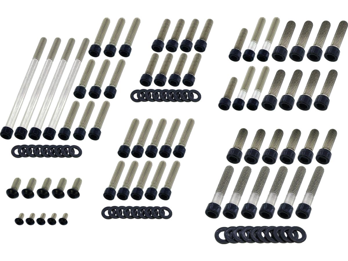 Complete motorschroefsetschroeven voor V-stangkoppeling-, dynamo-, tandwiel-, oliepomp-, derby-, nok-, waterpompdeksel, oliepomp, starter, thermostaatmontage, oliefilterbevestiging, snelheids- en krukassensor Glanzend zwart Gepoedercoat